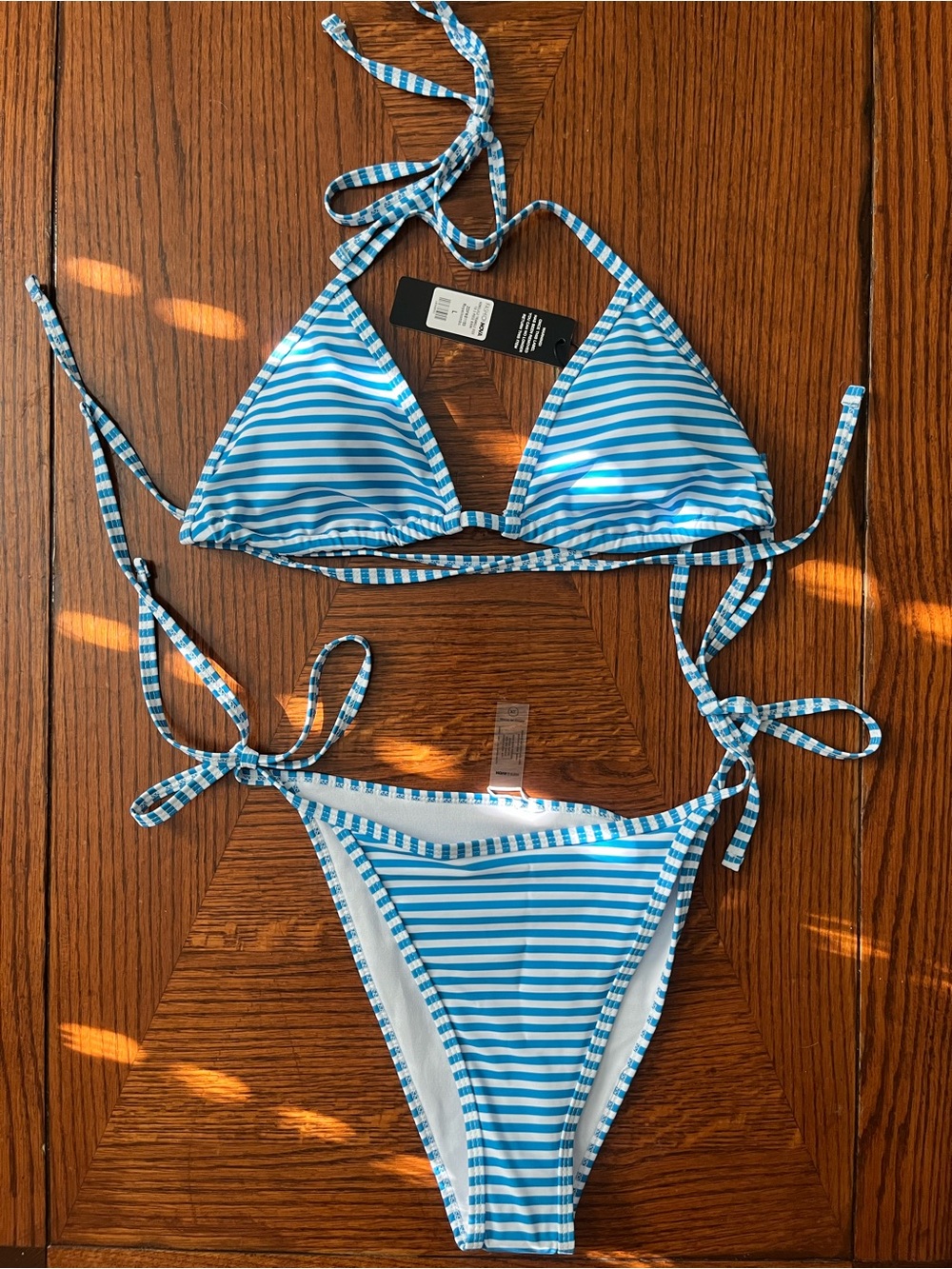Fashion Nova Blue and White Striped Tie Bikini